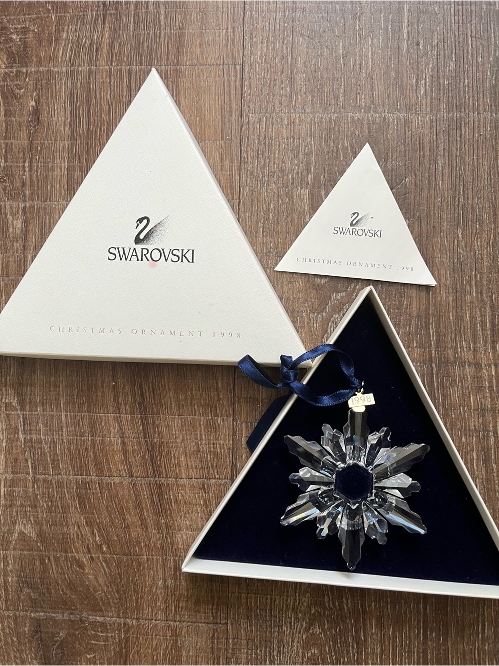 Bundle of 4 Swarovski Crystal Snowflake Ornaments in Clear with Navy Ribbon